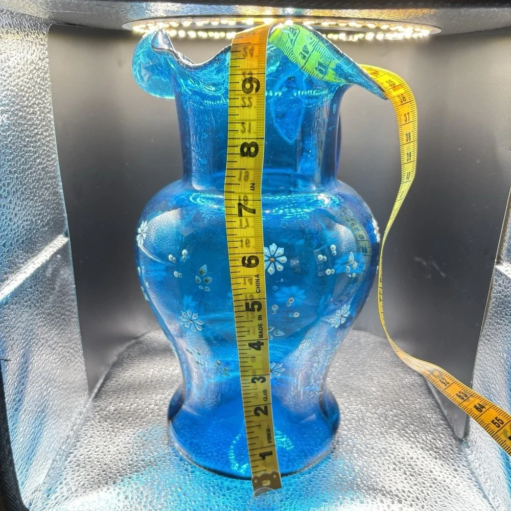 ANTIQUE VICTORIAN AQUA BLUE RUFFLED GLASS PITCHER w Enamel Floral Hand Painted**